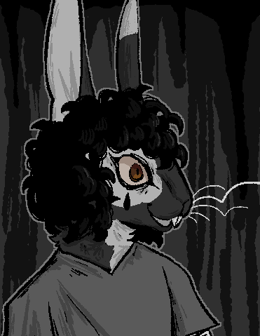 A digital drawing of an anthro rabbit from the shoulders up with curly dark hair, sharp buck teeth, and dark makeup under her eyes.